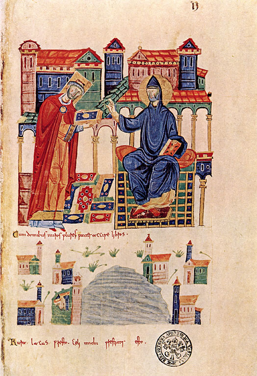 L'offerta dell'abate Desiderio a S.Benedetto. Biblioteca Apostolica Vaticana.
