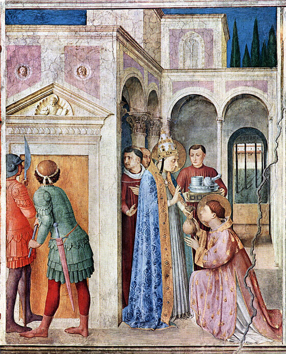 Beato Angelico: San Lorenzo riceve i tesori della chiesa. Vaticano, Cappella Niccolina.