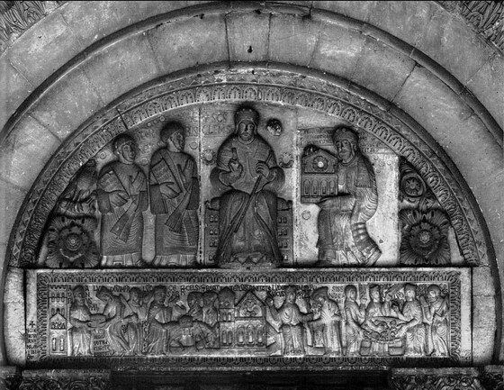 Lunetta con San Clemente e architrave con "storie" del Santo, Anonimo