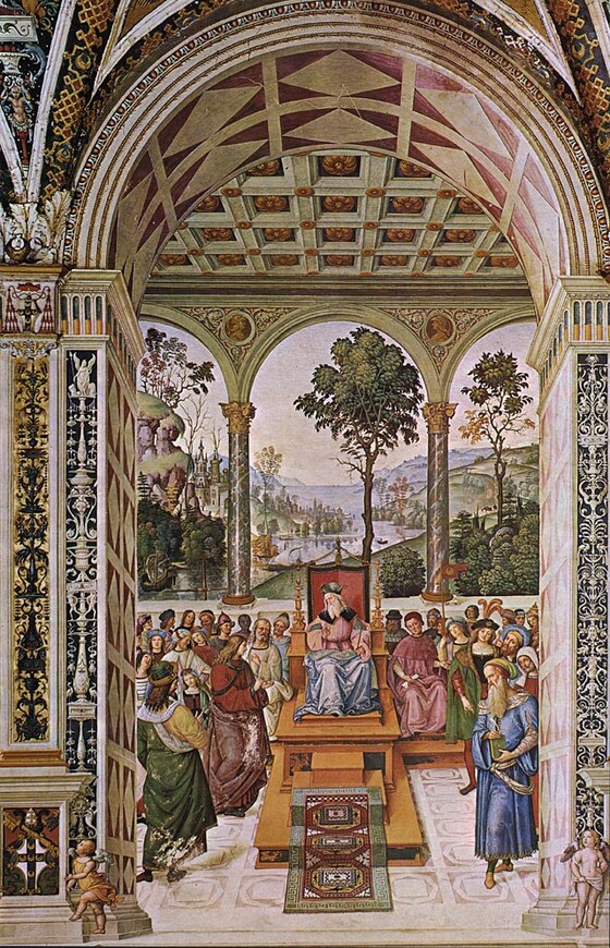 ENEA SILVIO AMBASCIATORE PRESSO IL RE DI SCOZIA. Enea Silvio, incaricato dal concilio di Basilea, si reca dal re di Scozia, Giacomo I, per indurlo ad appoggiare Carlo VII contro gli inglesi. L’episodio mette a dura prova anche la grande inventiva del Pintoricchio, che dà vita, in questo caso, ad una composizione noiosamente simmetrica, nella quale non si intravede neanche la presenza di qualche personaggio degno di attenzione. La parte più interessante del dipinto è il paesaggio che, frutto di pura immaginazione, risulta uno scenario fantastico, tra i più belli del Pintoricchio, con il favoloso contrasto creato dalle verdi ombre delle piante e degli alberi sul luminosissimo fondo del cielo.