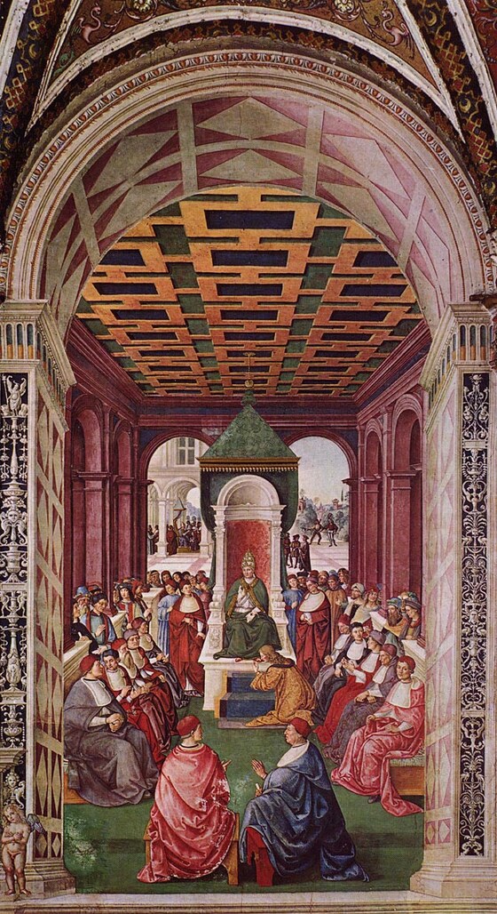 ENEA SILVIO FA ATTO DI SOTTOMISSIONE A EUGENIO IV. Federico III delega il Piccolomini a recarsi dal Papa Eugenio IV, avendo la necessità di concordare con lui un trattato per ristabilire le relazioni diplomatiche tra la Chiesa romana e la Corte tedesca. La scena mostra Enea Silvio che, mentre si sottomette al Pontefice baciandogli il piede, viene assolto e benedetto. Il dipinto risulta, sempre a causa del tema trattato, povero e piuttosto arido nello schema compositivo. Tutto sembra monotono e le figure dei personaggi quasi senza vita, soprattutto i due goffi cardinali raffigurati di schiena in primo piano. Il tutto viene riscattato, fortunatamente, da alcuni ritratti che il Maestro, con la sua abilità interpretativa, riesce a dotare di una grande espressività.