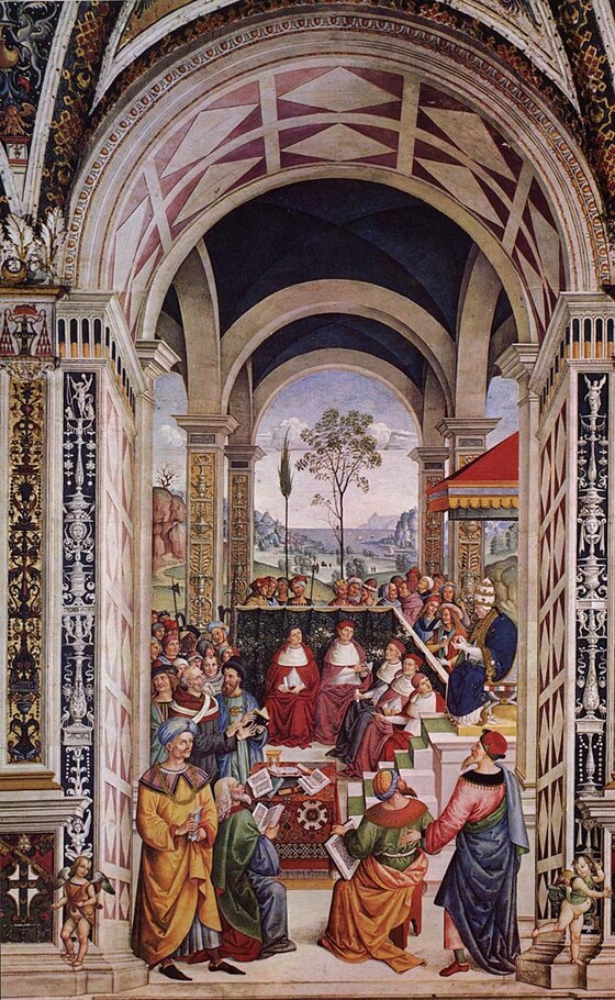 PIO II TIENE ASSEMBLEA A MANTOVA PER LA CROCIATA. La scena si svolge a Mantova, dove il Papa convoca i principi cristiani, in merito alla crociata contro i Turchi. Questo è ritenuto, senza dubbi, il peggior dipinto della serie. Su questa decisione grava l’assenza di un ritmo narrativo, l’esecuzione mediocre e la composizione disorganica. Risaltano soltanto la testa del Papa e il gruppetto di personaggi raffigurati dietro il parapetto, i quali assistono curiosamente all’evento.