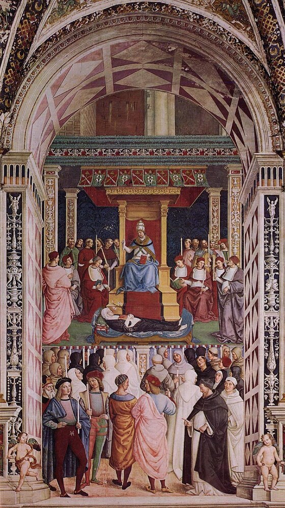 CANONIZZAZIONE DI SANTA CATERINA DA SIENA. Papa Pio II, il 29 giugno 1461, decreta, con cerimonia solenne, la canonizzazione della Santa. Purtroppo, la scena è divisa in due parti, separate e non comunicanti. In quella superiore è raffigurata la cerimonia vera e propria, alla presenza delle spoglie della Santa. Sotto, sono raffigurati una serie di personaggi che assistono, oziosi, all’evento. Diffusa, ma non fondata, è la credenza che il Maestro abbia voluto raffigurare, nel giovane in basso a sinistra, Raffaello Sanzio e, in quello accanto, se stesso. Queste due figure, con vesti alla moda, sono raffigurate con una tale bellezza e gentilezza di lineamenti da essere considerate tra le più belle del ciclo e tali da compensare l’opacità inespressiva degli altri personaggi.