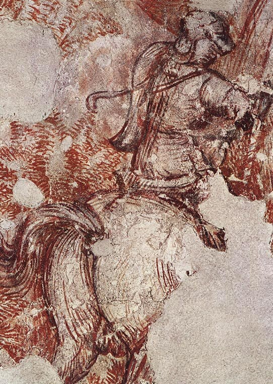 Ciclo cavalleresco arturiano: cavaliere (Meldons li envoissiez), particolare della sinopia.