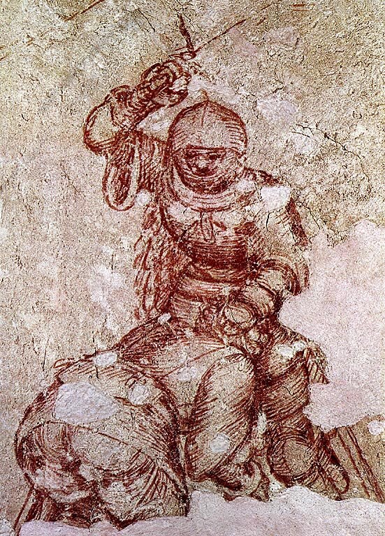 Ciclo cavalleresco arturiano: cavaliere in atto di uccidere un guerriero inginicchiato ( Bohort e Priadan?), particolare della sinopia.