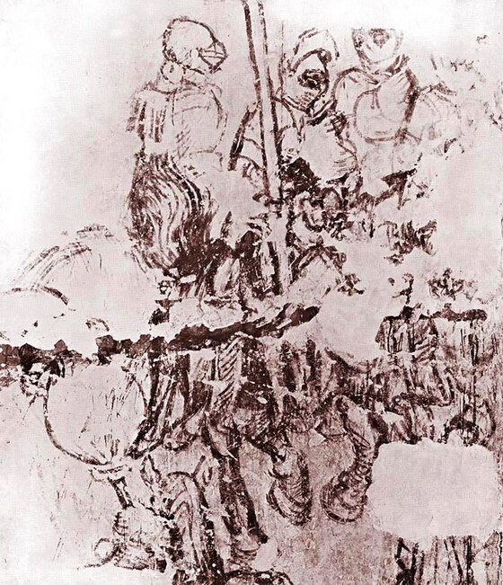 Gruppo dei guerrieri, particolare della prima sinopia, copletamente modificata nell'affresco.