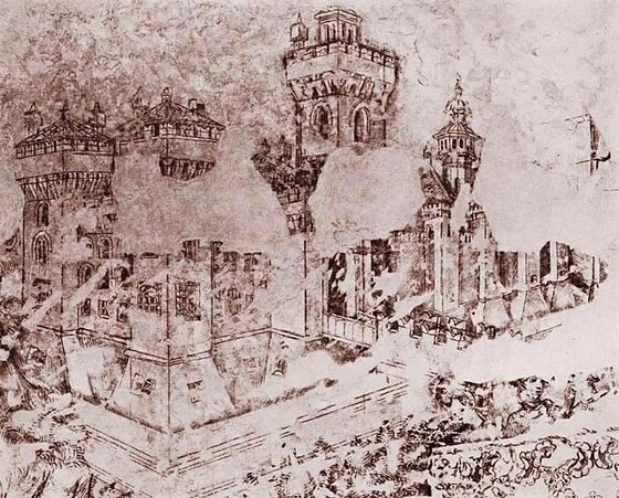 Il grande castello, particolare della sinopia.