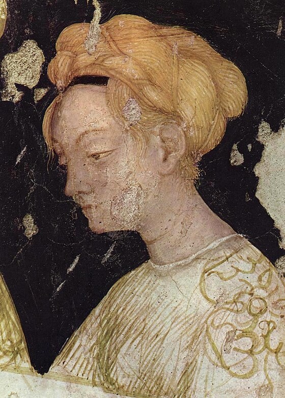 Ciclo cavalleresco arturiano: ritratto di una donna, particolare dell'affresco.