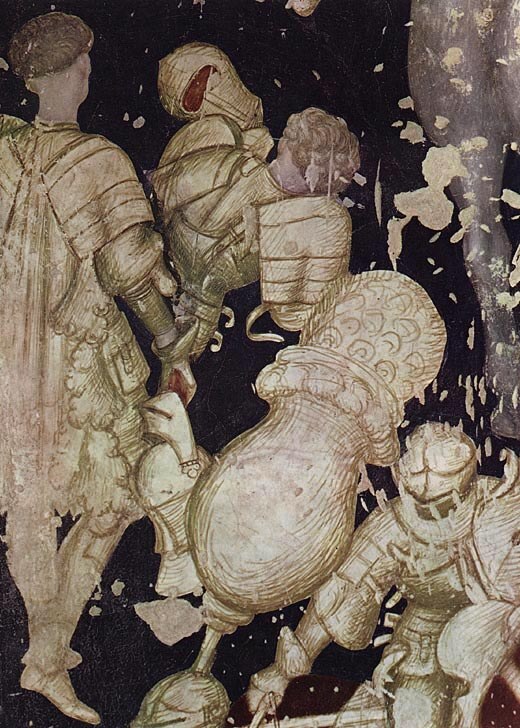Ciclo cavalleresco arturiano: La Battaglia; cavaliere in piedi che guarda un guerriero caduto, particolare dell'affresco.