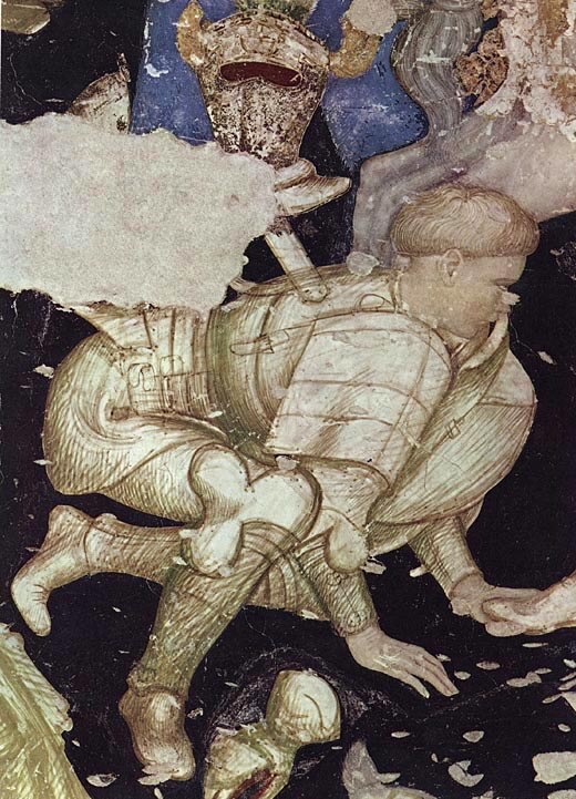 Ciclo cavalleresco arturiano: La Battaglia; guerriero trafitto inginocchiato, particolare dell'affresco.