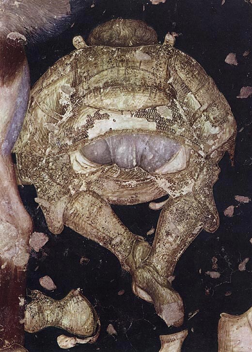 Ciclo cavalleresco arturiano: La Battaglia; guerriero caduto bocconi, particolare dell'affresco.