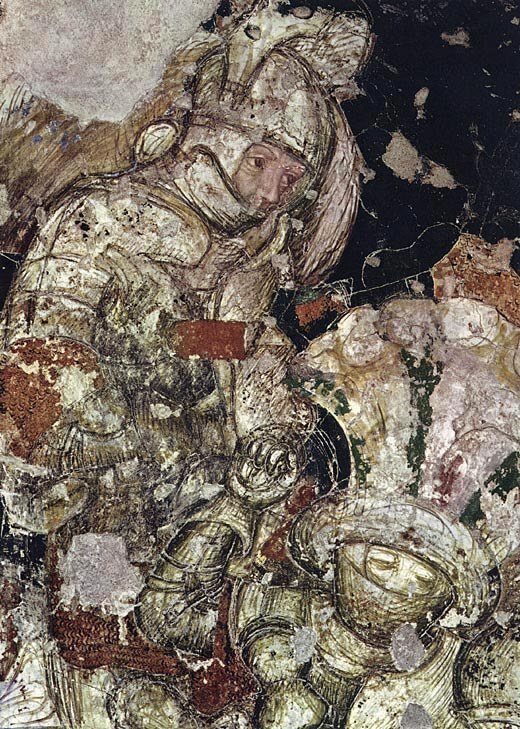 Ciclo cavalleresco arturiano: gruppo di guerrieri combattenti, particolare dell'affresco.